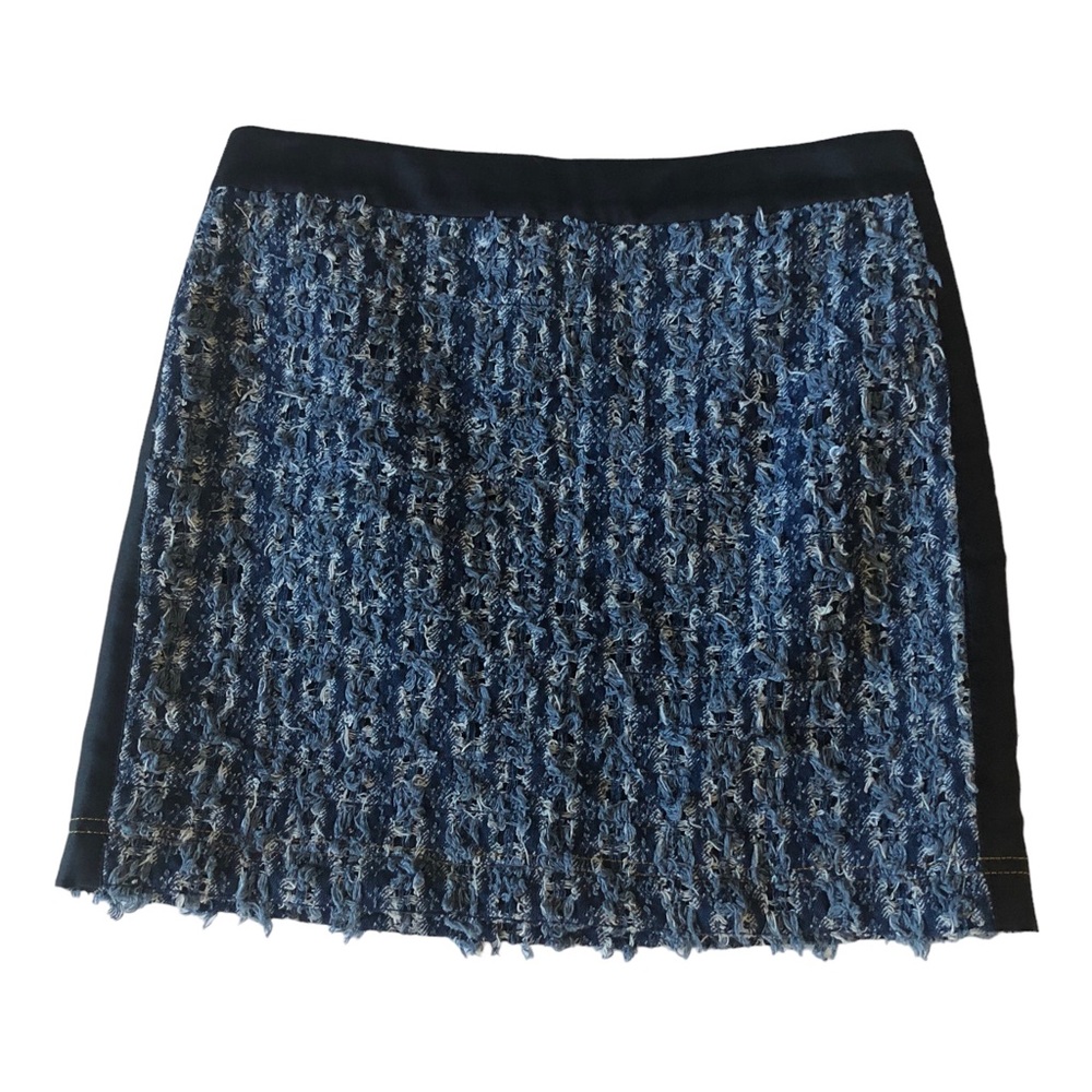10 Crosby Derek Lam Frayed Denim Mini Skirt with Black Silk Blend Trim